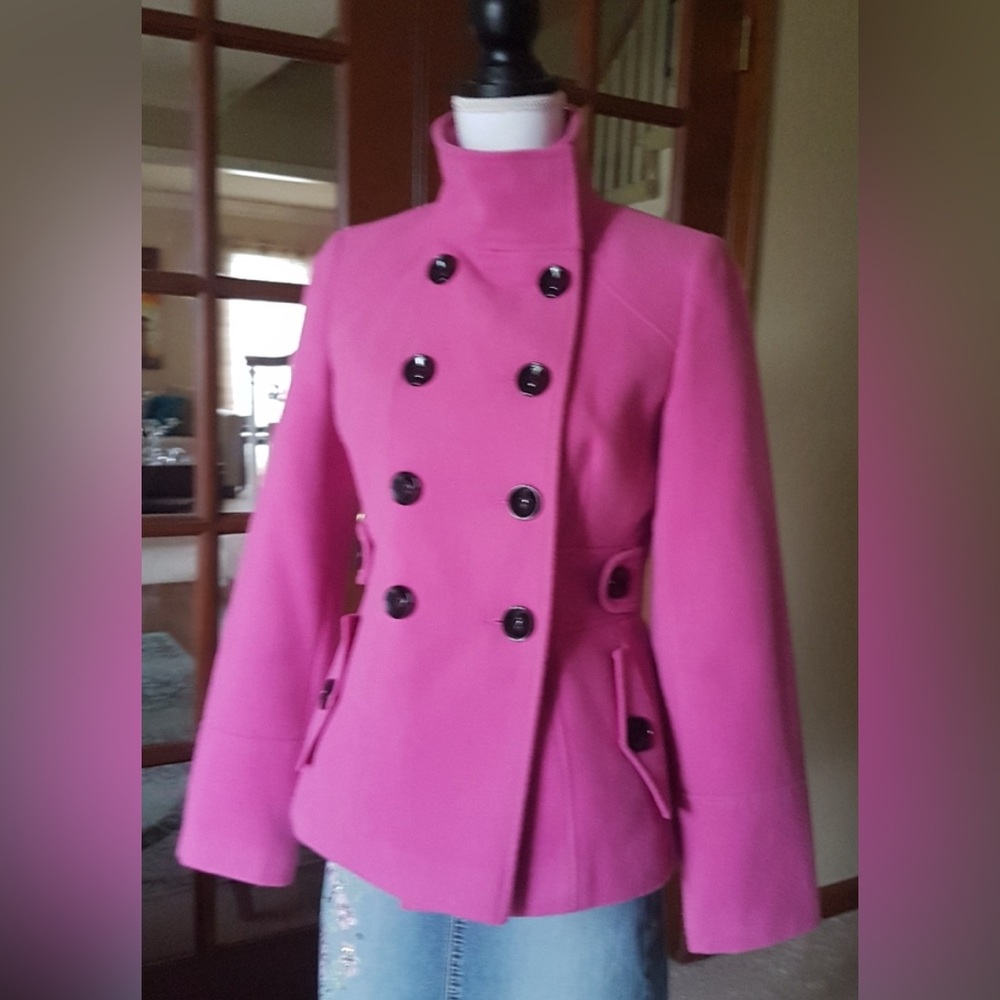 Fuchsia Pink Double Breasted Pea Coat with Black Buttons from London - Picture 3 of 17